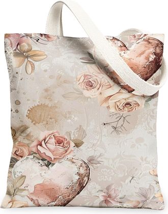 Generic Floral Canvas Tote Bags, Vintage Flower Heart Pattern Reusable Grocery Bags, Elegant Lightweight Washable Shoulder Strap Ca, Peach, 13x15 Inch