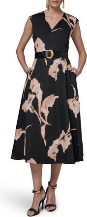 DKNY Abstract Floral Sleeveless Stretch Cotton Midi Dress in Black Multi at Nordstrom, Size 16