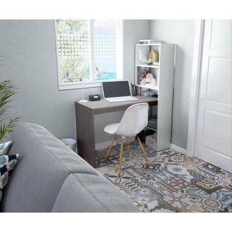 Dmora Escritorio Dcart, Escritorio Reversible Con Librer&iacute;a De 5 Estantes, Mesa De Estudio U Oficina Para Porta Libros De Pc, 120x53h144 Cm, Blanco Y Oxido -