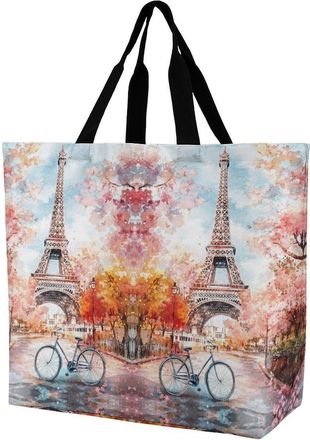 Generic Paris E-iffel Tower Watercolor Large Reusable Shopping Bag Lightweight Foldable Tote Bags Washable Shoulder Handbag