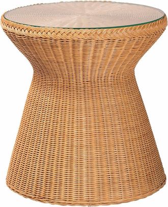 Baxton Studio Nina Bohemian Braided Rattan End Table With Glass Tabletop