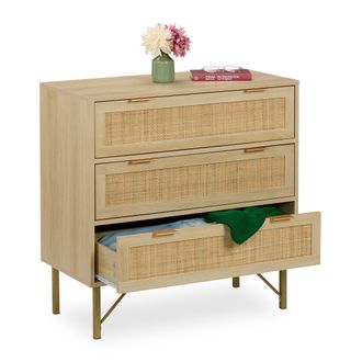 Relaxdays Relaxdays C&oacute;moda, 3 Cajones, Rat&aacute;n Y Efecto Madera, 80 X 80 X 42 Cm, Sal&oacute;n, Pasillo, Estilo Boho, Natural/dorado