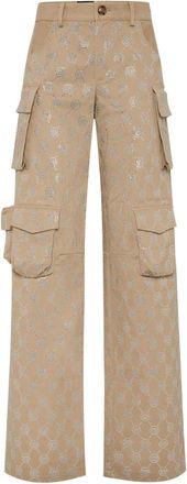 Philipp Plein Lange Cargo Broek Strass Monogram Pasvorm - Dames - Wijde Broeken - Beige - XS - Katoen - Broeken