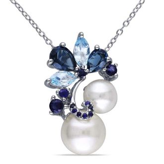 Amour White Cultured Freshwater Pearl, London and Sky-blue Topaz, and Sapphire Pendant with Chain In Sterling Silver
