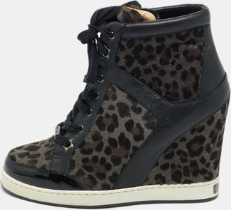 Jimmy Choo London Brown/black Leopard Print Calf Hair And Leather Wedge Sneakers
