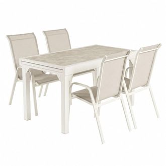 ED&Egrave;N JARD&Iacute; Conjunto de jard&iacute;n con mesa rectangualr y sillas Blanco envejecido