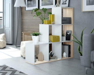 Dmora Librer&iacute;a Dbarth, Librer&iacute;a De Doble Cara Con 6 Compartimentos, Estanter&iacute;a Divisoria Para Oficina, 108x28h110 Cm, Blanco Y Roble - Dmora