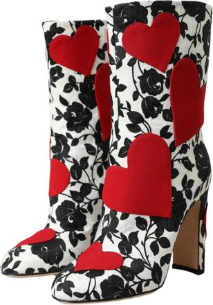 Dolce & Gabbana Womens White Floral Hearts Leather High Boots Shoes Black And