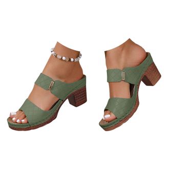 Generic Chunky Sandals Womens Heeled Sandals Open Toe Slip on Block Womens Chunky Mid Heels Ankle Square Heels Sandal Slippers Casual Comfortable Summer Backl