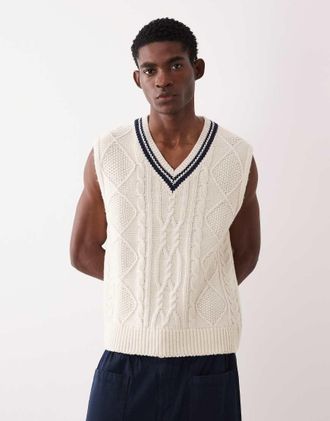 GANT Canotta in maglia a trecce color crema con colletto a contrasto-Neutro