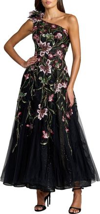 Mac Duggal One Shoulder Floral Embellished Tulle Midi Dress in Black Multi at Nordstrom, Size 10