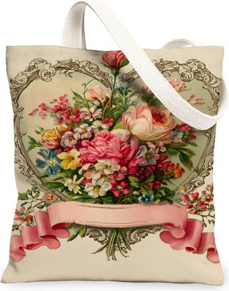 Generic Floral Canvas Tote Bags, Vintage Flower Design Reusable Grocery Bags, Elegant Lightweight Washable Shoulder Strap Canvas Fo, Peach, 13x15 Inch