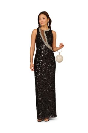 Adrianna Papell Womens Aidan Sequin Long Dress - Black - Size 16 UK