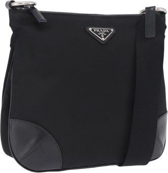 Prada Zip Messenger Tessuto With Leather Black Nylon Handbag (Pre-Owned)