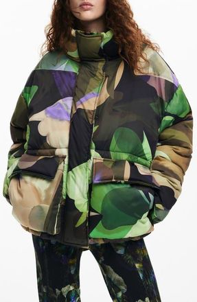 Desigual Lacroiz Aalborg Abstract Print Puffer Jacket in Green at Nordstrom, Size Medium