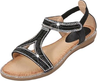 Generic Wide Fit Sandals For Women Flat Stretch Ankle Strap Summer Leather Sandal Fashion Vintage Boho Shoes Lightweight Comfortable Glitter Shoes For Ladies 