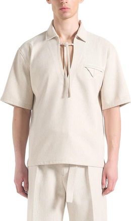 Mani&egrave;re De Voir Norbert Open Collar Textured Drawstring Shirt in Cream at Nordstrom, Size Xx-Large