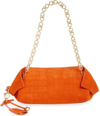 Ferragamo Gancini Chain Folded Croc Embossed Suede Shoulder Bag in Light Siena at Nordstrom