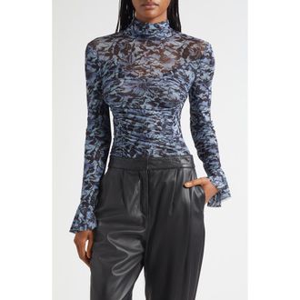 Cinq &agrave; Sept Lucy Graphic Cosmos Mock Neck Mesh Top in Iris Cloud/Black at Nordstrom Rack, Size Xx-Small