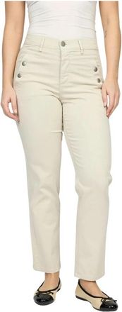 2-Biz Hoge taille stretchbroek met zijknopen - Dames - Slim Fit Broeken - Beige - XS - Katoen - Broeken