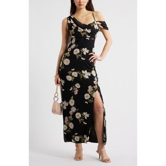 Open Edit Asymmetric Chiffon Dress in Black- Pink Iris Floral at Nordstrom, Size Xx-Small