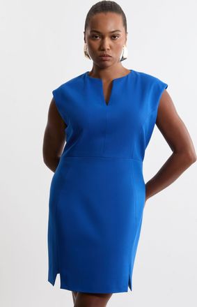 Karen Millen Womens Plus Size Structured Crepe Tailored Full Skirted Belted Midi Dress - Blue Viscose - Size 18 UK