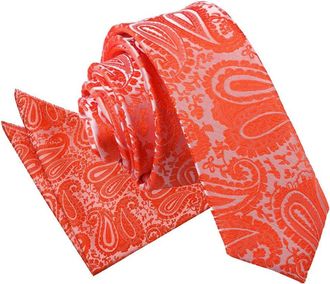 DQT Paisley Floral Patterned Wedding Skinny Neck Tie & Pocket Square Set for Men in Burnt Orange