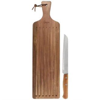Gibson Home 2 Piece Acacia Wood Serving Board and Bread Knife Set in Brown