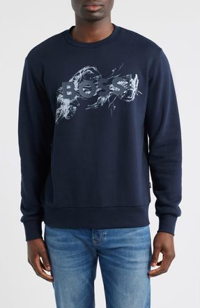 BOSS Soleri Abstract Graphic Cotton Fleece Crewneck Sweatshirt in Dark Blue at Nordstrom, Size Xx-Large