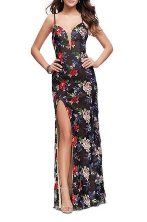 La Femme Floral Print Prom Gown with Plunging Neckline and Leg Slit in Multi at Nordstrom, Size 00