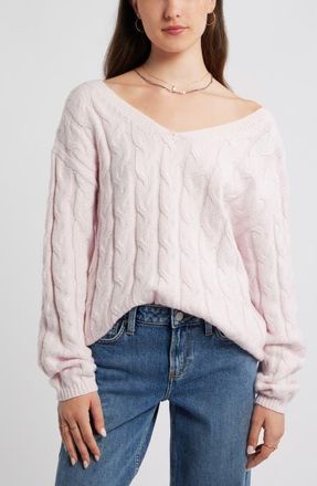 BP. Cable Knit V-Neck Cotton Blend Sweater in Pink Primrose at Nordstrom, Size X-Large