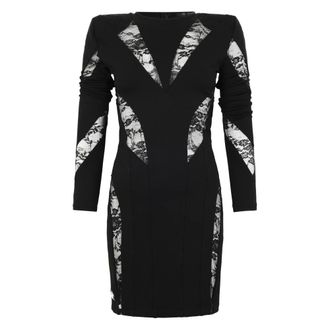 Philipp Plein Kleedjes, Dames, Zwart, S, Multicutting Mini-jurk met Lange Mouwen Kant