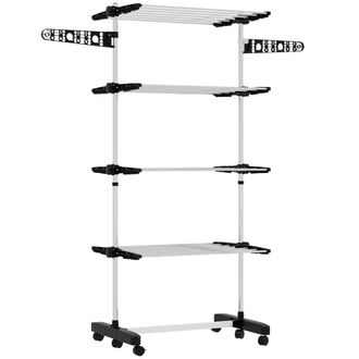 OEM Tendedero Vertical De 4 Niveles Con Ruedas 2 Laterales Abatibles Estantes Ajustables Y Marco De Acero Negro Y Plata