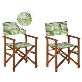Beliani Conjunto De 2 Sillas De Jard&iacute;n De Madera De Acacia Oscura Verde Claro Blanco Hojas Plegable Cine