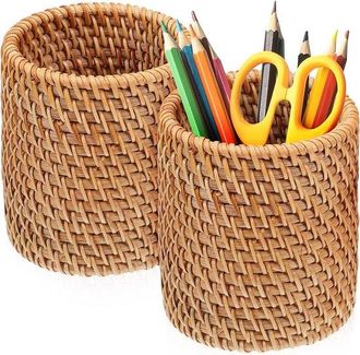 OEM Organizador De Escritorio, Portal&aacute;pices, Portal&aacute;pices De Madera Y Rat&aacute;n, Caja De Almacenamiento Multifuncional, Paquete De 2