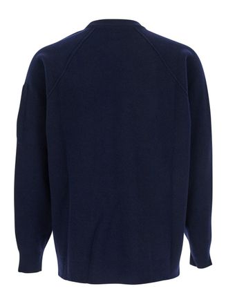 C.P. Company Blue Crew Neck Sweater With Compass Logo On Sleeve In Wool Blend Man