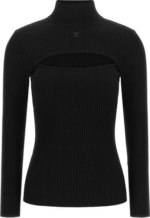 Courr&egrave;ges Geribde trui met cut-out - Dames - Coltruien - Zwart - XS - Polyester - Truien & Vesten