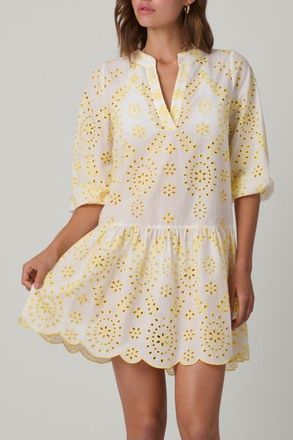 Shoshanna Embroidered Eyelet Umbrella Mini Coverup in Lemon/optic White at Nordstrom, Size X-Small
