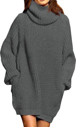 Pink Queen Womens Oversized Jumper Dress, Long Sleeve, Ribbed Knitted Casual Jumper, gray, L