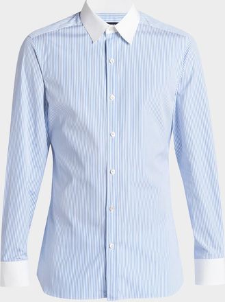Tom Ford Mens Bengal Stripe Cotton Contrast-Trim Sport Shirt
