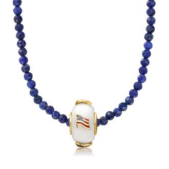 Ross-Simons 3-3.5mm Lapis Bead Necklace With White Jade and Multicolored Enamel American Flag Bead Charm in 18kt Gold Over Sterling
