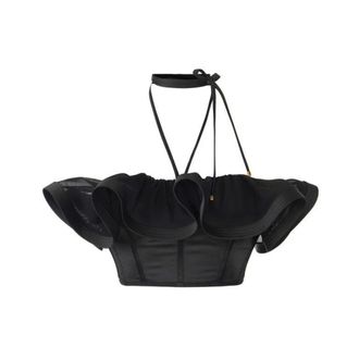 Elisabetta Franchi Sleeveless Tops, female, Black, Size: XL Satin Top with Maxi Ruffle