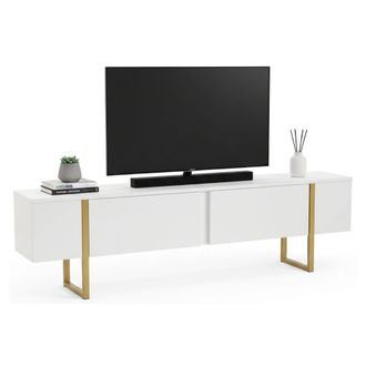 Dmora Dmora - Mueble De Televisi&oacute;n Gussola, Aparador De Sal&oacute;n, Mueble Bajo Para Tv, Base De Pared Equipada, 180x30 H50 Cm, Blanco Y Oro