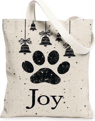 Generic Christmas Animal Paw Print Canvas Tote Bags, Animal Pattern Reusable Grocery Bags, Winter Rustic Washable Shoulder Strap Ca, Beige, 13x15 Inch