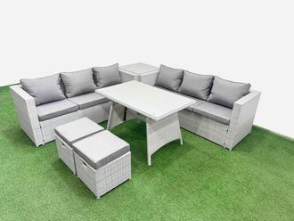 Fimous 8-seater Patio Rectangular Table 3 Seater Sofa Set with Side Table in Light Grey