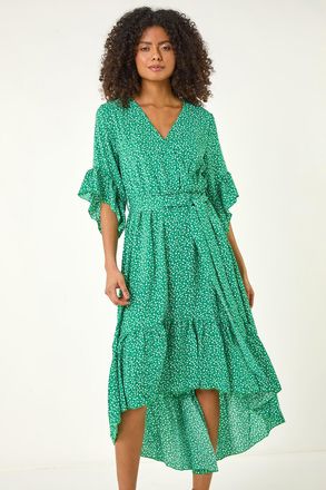 DUSK Ditsy Floral Print Ruffle Midi Dress