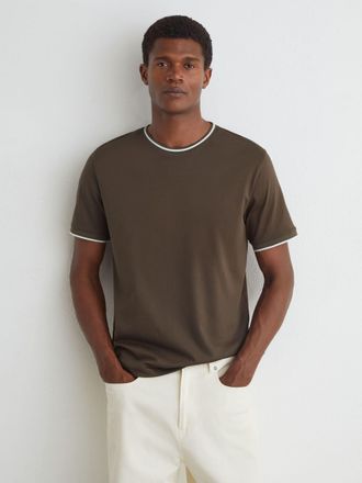 Reiss Taupe Brown Air-water Cotton Tipped Tailored-fit T-shirt, Xxl