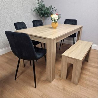 Kosy Koala Modern Oak Effect Dining Table Set With 4 Black Velvet Chairs & Bench Dining Room Furniture in Brown