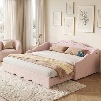 Merax Extendable 3FT Single Velvet Daybed with LED Light & Charging Ports in Pink