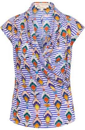 Maison Common Printed Wrap Silk Top Streifen - Druck mit geometrischen Tulpen-Design in White/blue Multicolo at Nordstrom, Size 40